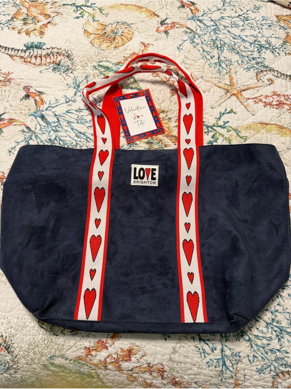 Brighton LOVE Navy velour Tote with Red Heart Strap